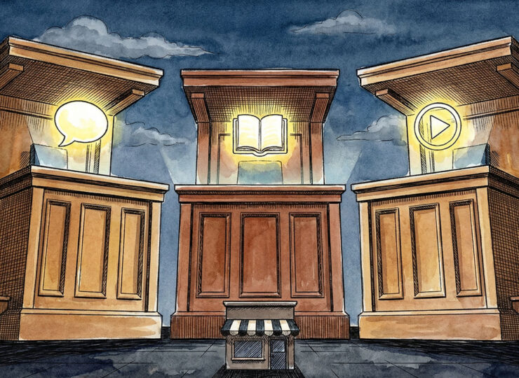 Three illustrated judge benches side by side, each with a different symbol above it — a speech bubble, an open book, and a play button — while a single small business stands before all three, representing how AI search platforms evaluate trustworthiness using completely different criteria.