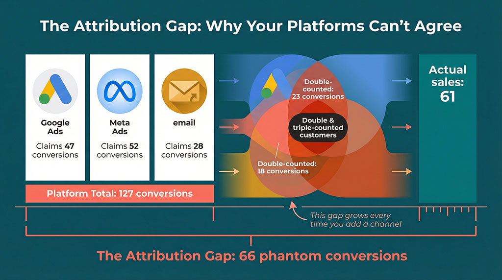 Process diagram showing Google Ads claiming 47 conversions, Meta claiming 52, and email claiming 28 — totalling 127 — while actual sales were only 61, revealing 66 phantom conversions created by overlapping platform attribution.