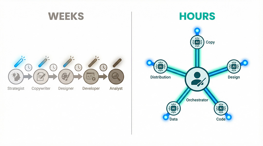 Side-by-side comparison: traditional marketing workflow showing five sequential handoffs over weeks with signal degradation, versus AI generalist workflow showing one orchestrator managing five AI agents simultaneously in hours.