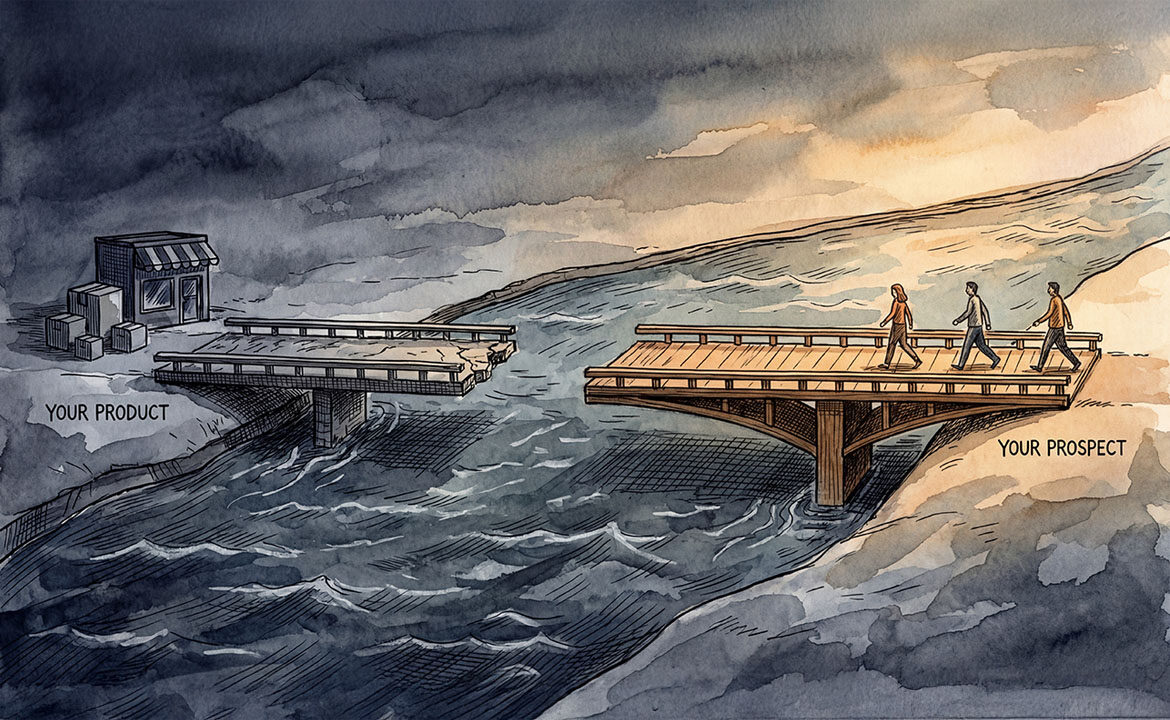 Illustration of a river with two bridges: an incomplete bridge built from the product side that stops short, and a nearly complete bridge built from the prospect side with people actively crossing. The prospect-side bridge is visually stronger and more inviting.
