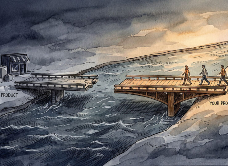 Illustration of a river with two bridges: an incomplete bridge built from the product side that stops short, and a nearly complete bridge built from the prospect side with people actively crossing. The prospect-side bridge is visually stronger and more inviting.