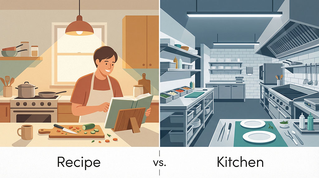 Comparison of a home kitchen following a recipe versus a professional restaurant kitchen with specialised stations, illustrating the difference between prompt templates and custom AI systems