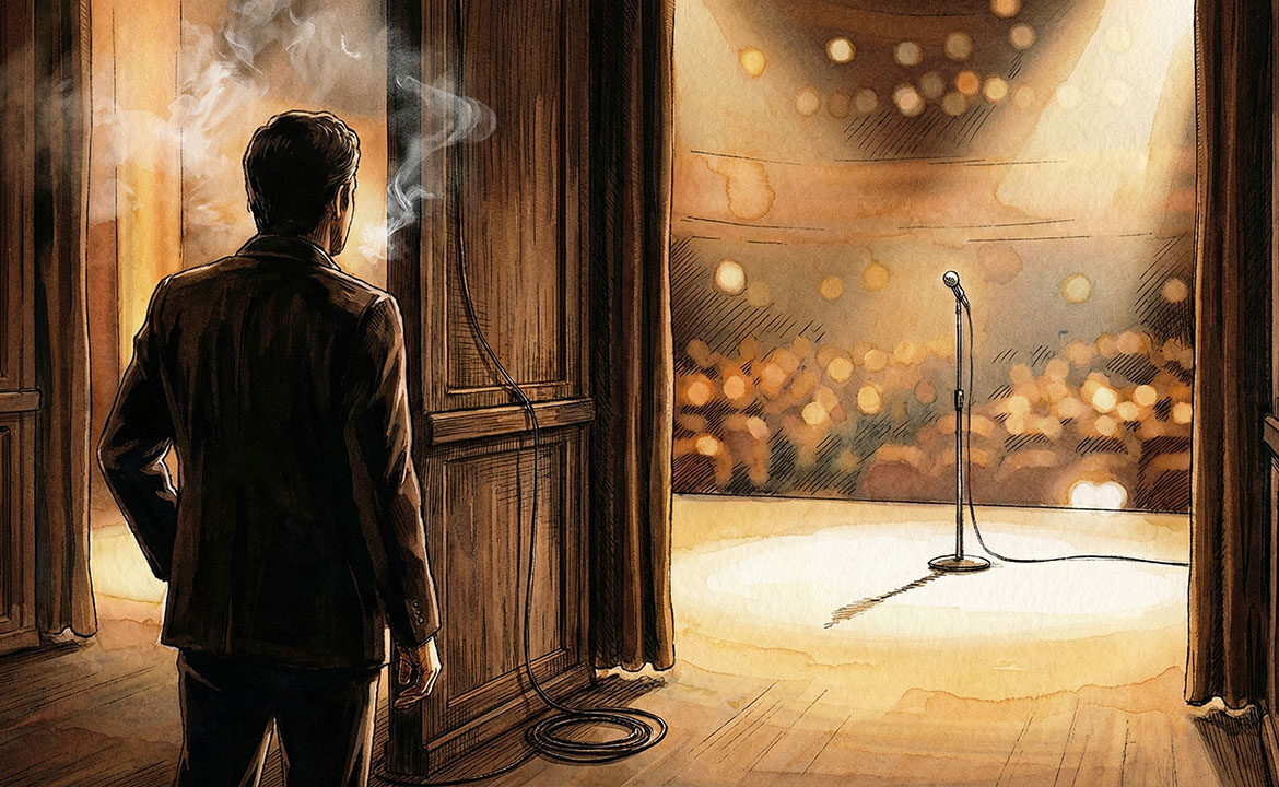A figure stands in the wings of a warmly lit casino stage, watching the spotlight on the main performance area — evoking the moment before an introduction that changes everything.