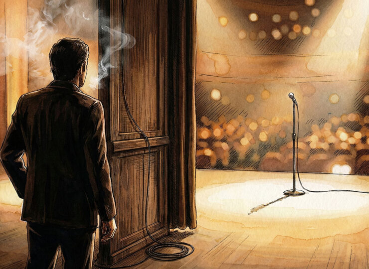 A figure stands in the wings of a warmly lit casino stage, watching the spotlight on the main performance area — evoking the moment before an introduction that changes everything.
