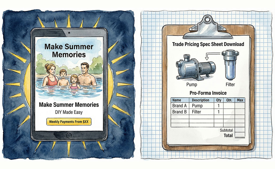 Split-screen comparison: left side shows a consumer-facing pool website with family imagery and lifestyle messaging; right side shows the same pool product presented with technical spec sheets and trade pricing. Caption reads Same product, Different customer, Different everything.