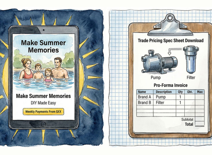 Split-screen comparison: left side shows a consumer-facing pool website with family imagery and lifestyle messaging; right side shows the same pool product presented with technical spec sheets and trade pricing. Caption reads Same product, Different customer, Different everything.