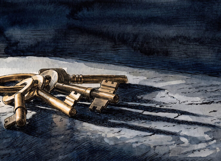 One keyring holding four mismatched keys, casting separate shadows on a dark surface