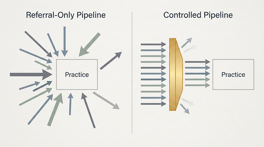 Comparison diagram showing uncontrolled referral pipeline versus a controlled marketing pipeline with selection capability."