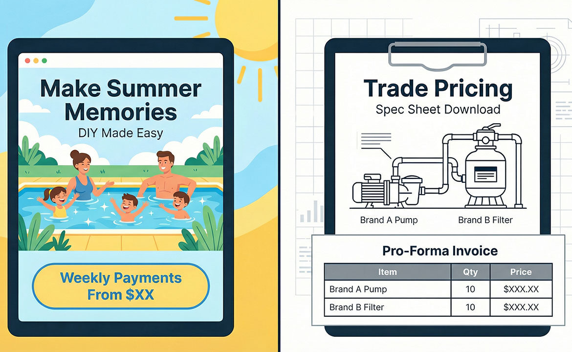 Split-screen comparison: left side shows a consumer-facing pool website with family imagery and lifestyle messaging; right side shows the same pool product presented with technical spec sheets and trade pricing. Caption reads Same product, Different customer, Different everything.