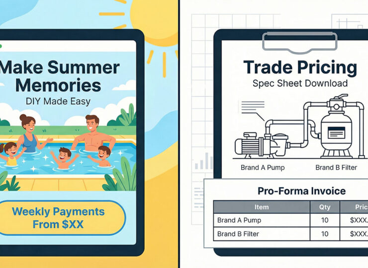 Split-screen comparison: left side shows a consumer-facing pool website with family imagery and lifestyle messaging; right side shows the same pool product presented with technical spec sheets and trade pricing. Caption reads Same product, Different customer, Different everything.