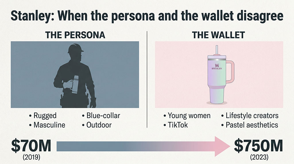 Comparison showing Stanley's original construction worker persona versus their actual buyer demographic of young women, with revenue growth from $70M to $750M after the pivot