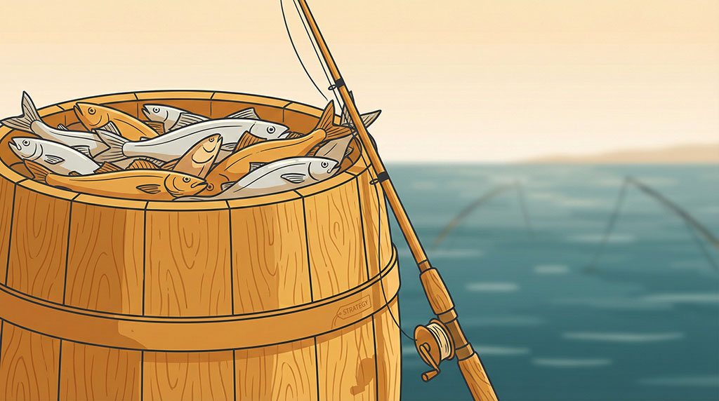 Close-up illustration of a full barrel of fish with a rod resting against it and the empty ocean distant in the background—visual closure to the strategy-first argument