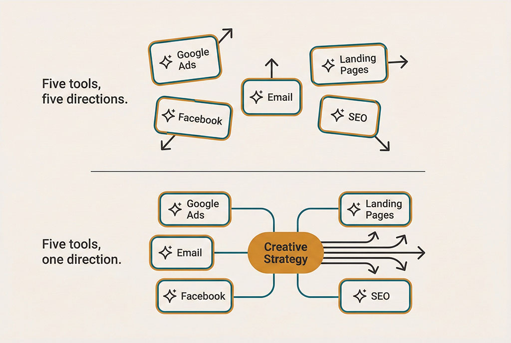 Two diagrams comparing fragmented marketing with five disconnected channels and AI tools pulling in different directions versus an integrated model where all channels connect through one central creative strategy node