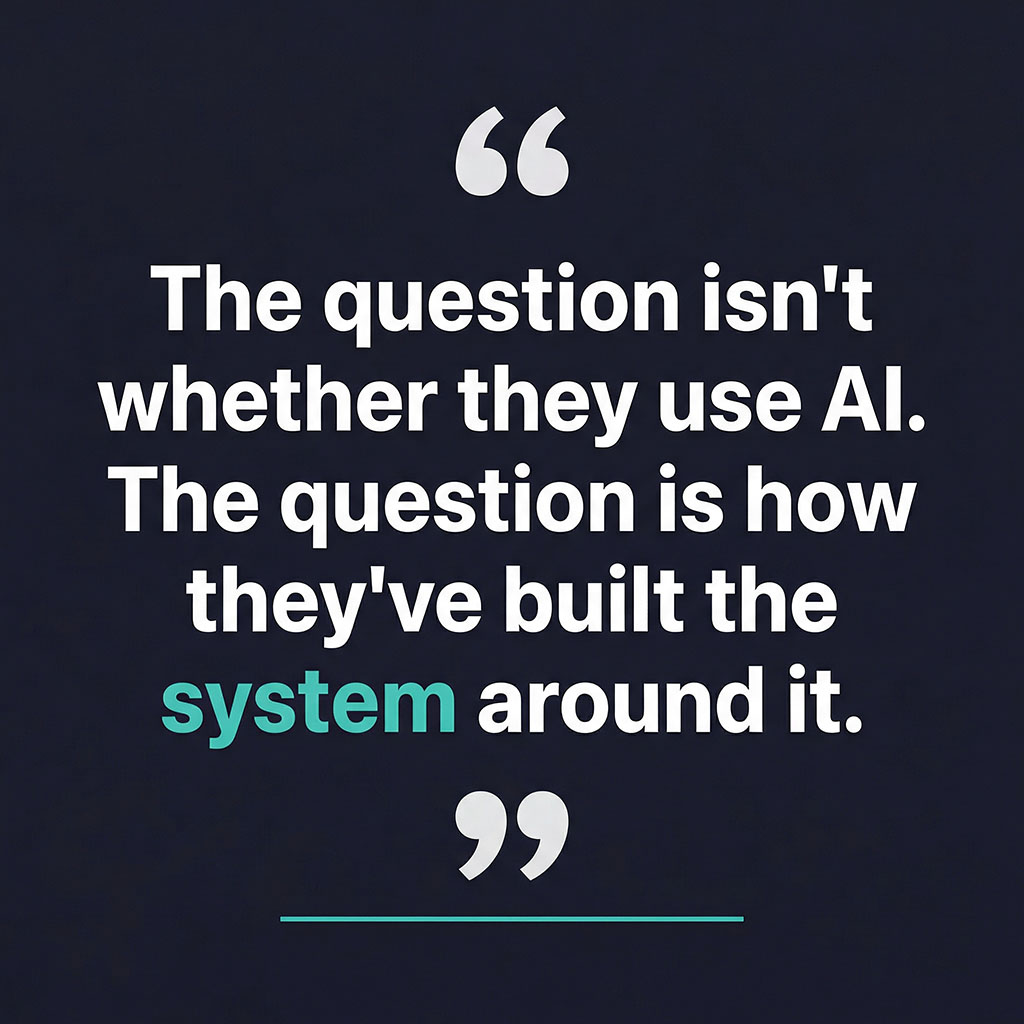 Quote card reading: The question isn't whether they use AI. The question is how they've built the system around it.