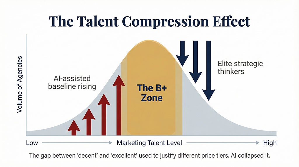 Bell curve diagram showing AI compressing the B+ zone of marketing talent — the gap between decent and excellent execution that used to justify agency pricing tiers