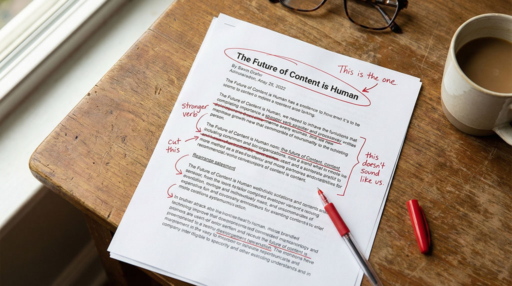 A printed draft covered in handwritten editorial marks—crossouts, margin notes, and 'this is the one' circled—showing human judgment and taste applied to AI-generated options.
