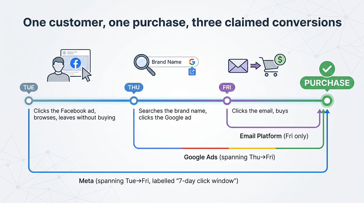 Timeline of one customer's week, showing three platforms each legitimately claiming the same single purchase.