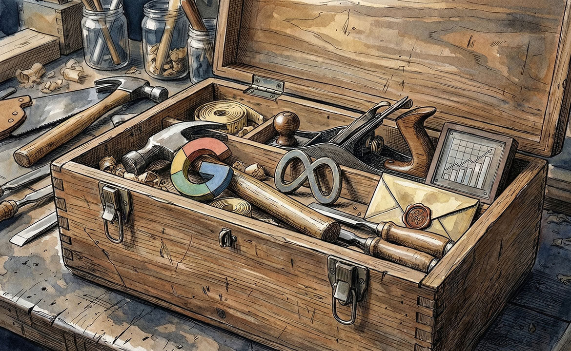 Open handmade wooden toolbox containing both traditional carpentry tools and modern marketing channel icons, representing integrated marketing capability.