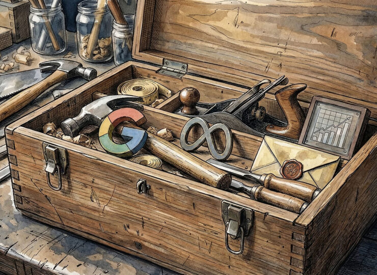 Open handmade wooden toolbox containing both traditional carpentry tools and modern marketing channel icons, representing integrated marketing capability.
