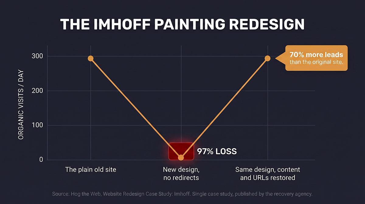Chart of the Imhoff Painting case study. Organic traffic fell from about 300 visits a day to about 10 after a redesign that did not migrate the old pages, then returned to about 300 within a month of the content and URLs being restored, with 70 percent more leads than the original site. Source: Hog the Web case study.