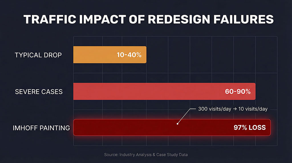 Bar chart showing website redesign traffic losses ranging from 10-40% in typical cases to 60-90% in severe cases, with Imhoff Painting dropping from 300 to 10 daily visits