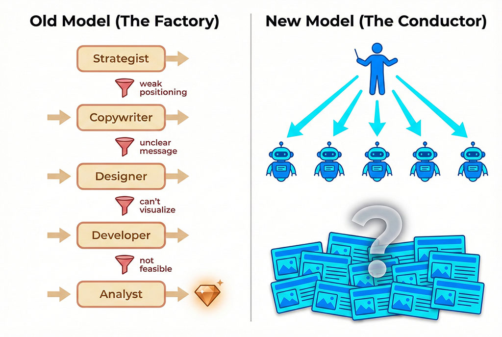 Two-panel process diagram comparing old marketing model (linear handoffs between specialists, with quality filters at each stage, producing one refined output) versus new vibe marketing model (single marketer directing AI agents simultaneously, no filters, producing a large volume of identical outputs).