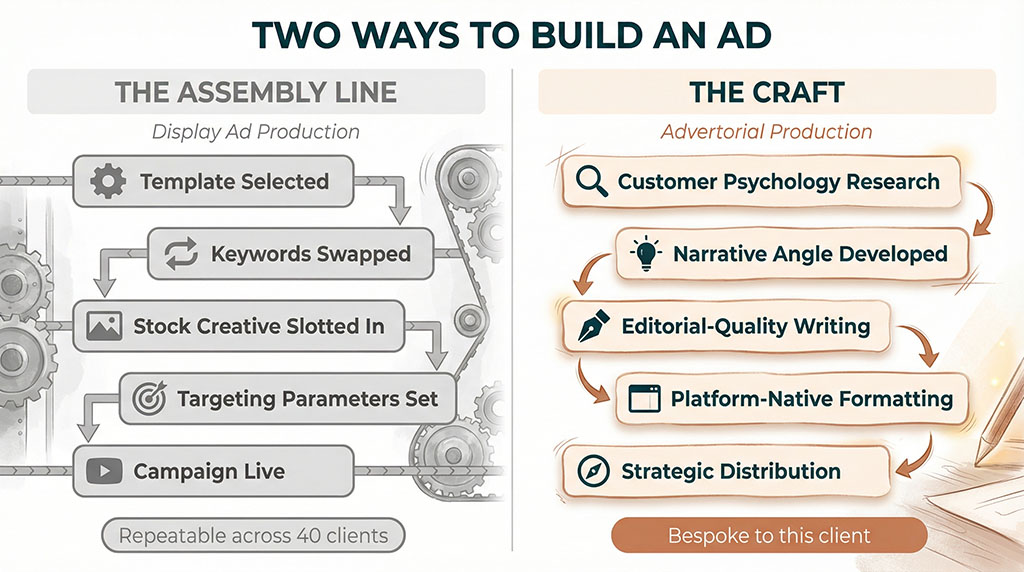 Side-by-side comparison showing display ad production as a five-step repeatable assembly line versus advertorial production as a bespoke five-step craft process requiring customer research and editorial writing