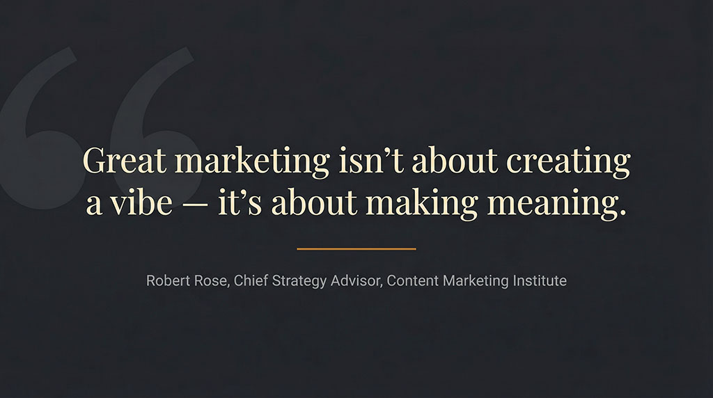 Quote card reading 'Great marketing isn't about creating a vibe—it's about making meaning' attributed to Robert Rose, Chief Strategy Advisor, Content Marketing Institute.