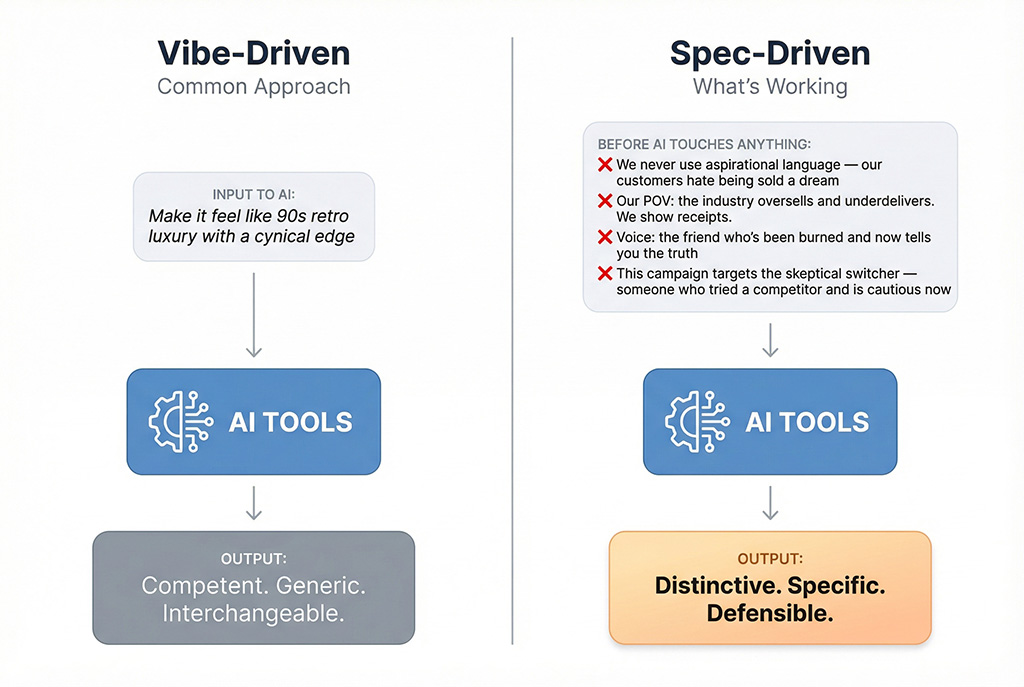 Two-column comparison diagram: Left shows 'Vibe-Driven' approach with a vague aesthetic prompt going into AI tools producing generic output. Right shows 'Spec-Driven' approach with detailed brand constraints, audience psychology, and voice guidelines going into the same AI tools producing distinctive output. The AI tools are identical—the inputs are the difference.