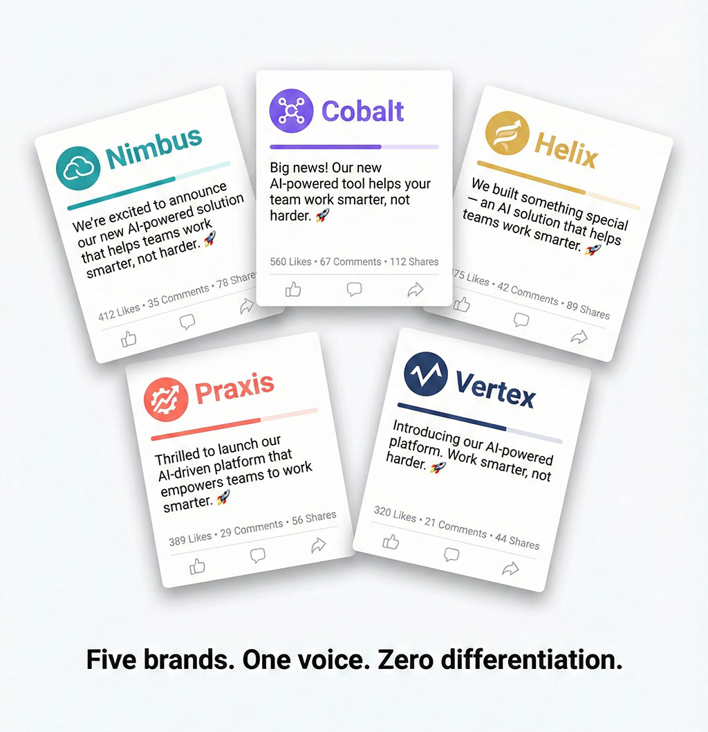 Mockup of five social media posts from five different fictional brands, each with distinct visual branding but nearly identical AI-generated copy about 'working smarter not harder,' with the caption: Five brands. One voice. Zero differentiation.