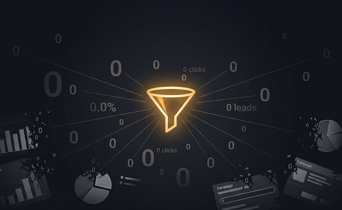 A single glowing funnel surrounded by scattered zero-conversion metrics, fading dashboard fragments, and dissolving campaign elements against a dark background — representing focused AI strategy versus unfocused mass production.