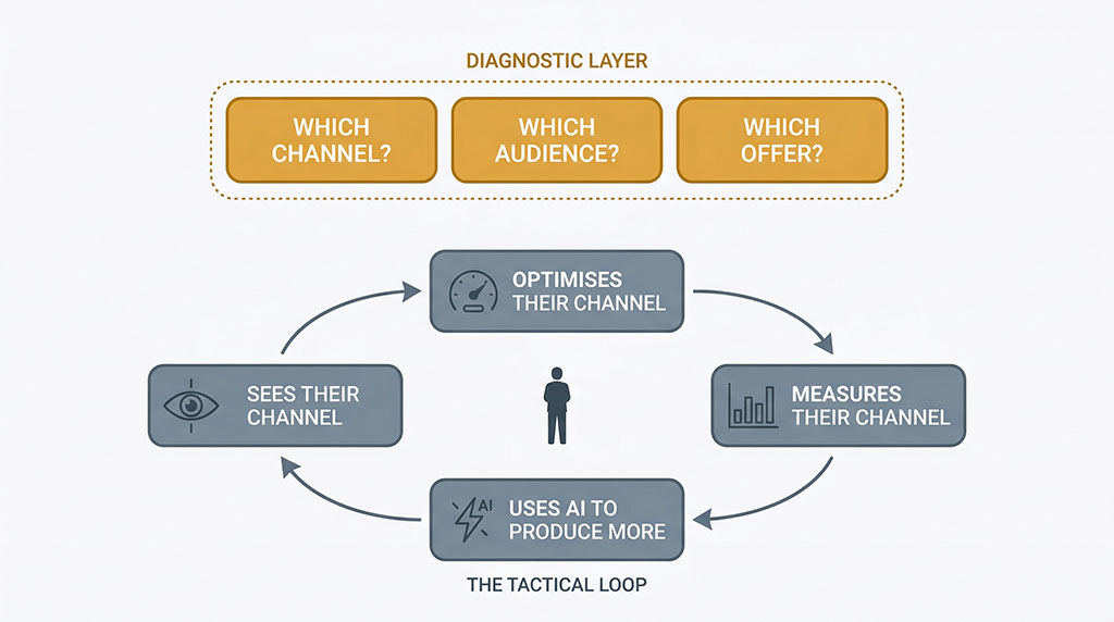 Diagram of a repeating cycle where a specialist sees their channel, uses AI to produce more, measures results, and optimises — looping endlessly. Above the loop, disconnected, sit the bigger diagnostic questions: which channel, which audience, which offer. The tactical loop spins faster with AI but never reaches the strategic layer.