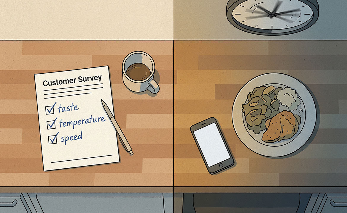 Overhead kitchen counter split in two — a neatly completed customer survey on the left, an untouched plate and clock spinning on the right, showing the gap between what customers report and the anxiety they actually experience