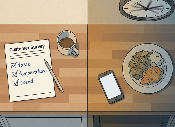Overhead kitchen counter split in two — a neatly completed customer survey on the left, an untouched plate and clock spinning on the right, showing the gap between what customers report and the anxiety they actually experience