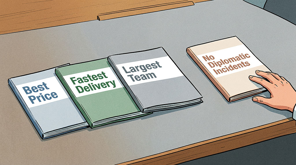 Row of vendor pitch decks on a table headlined with "Best Price," "Fastest Delivery," and "Largest Team," with one separated deck reading "No Diplomatic Incidents" and a single hand reaching for it
