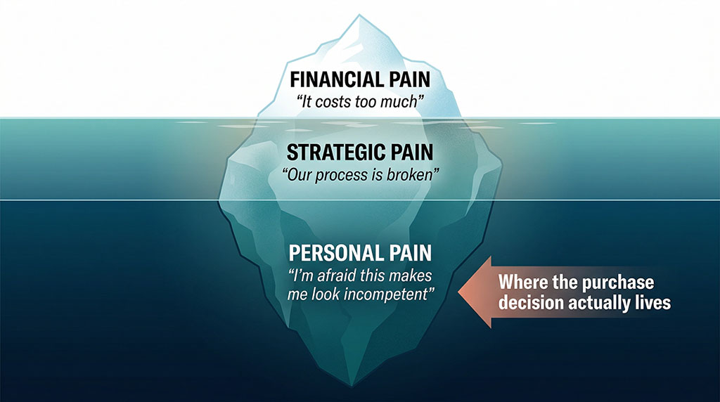 Iceberg diagram showing three layers of buyer pain — financial pain visible above the waterline, strategic pain just below the surface, and personal pain as the largest section deep underwater, labelled "where the purchase decision actually lives