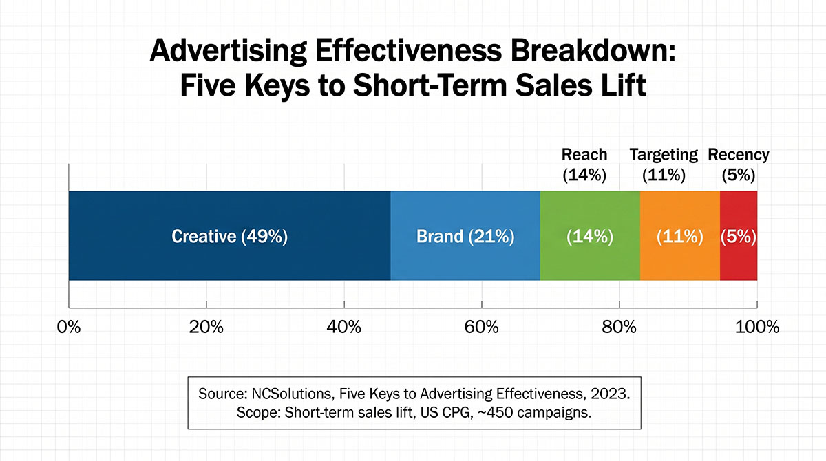 A bar chart breaking down what drives short-term sales lift in advertising, with creative at 49%, brand at 21%, reach at 14%, targeting at 11% and recency at 5%, based on NCSolutions' 2023 analysis of around 450 US consumer packaged goods campaigns.