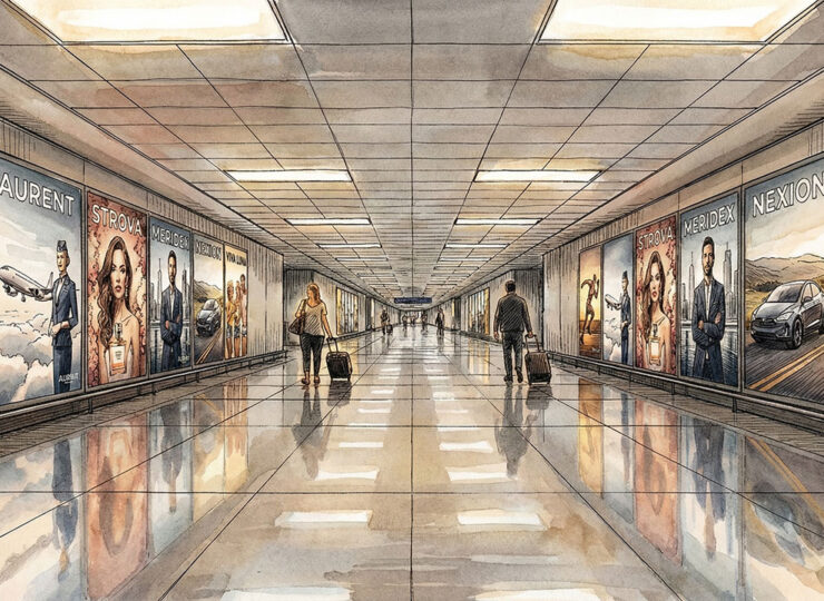 Airport advertising corridor showing identical-looking corporate ads that could belong to any brand