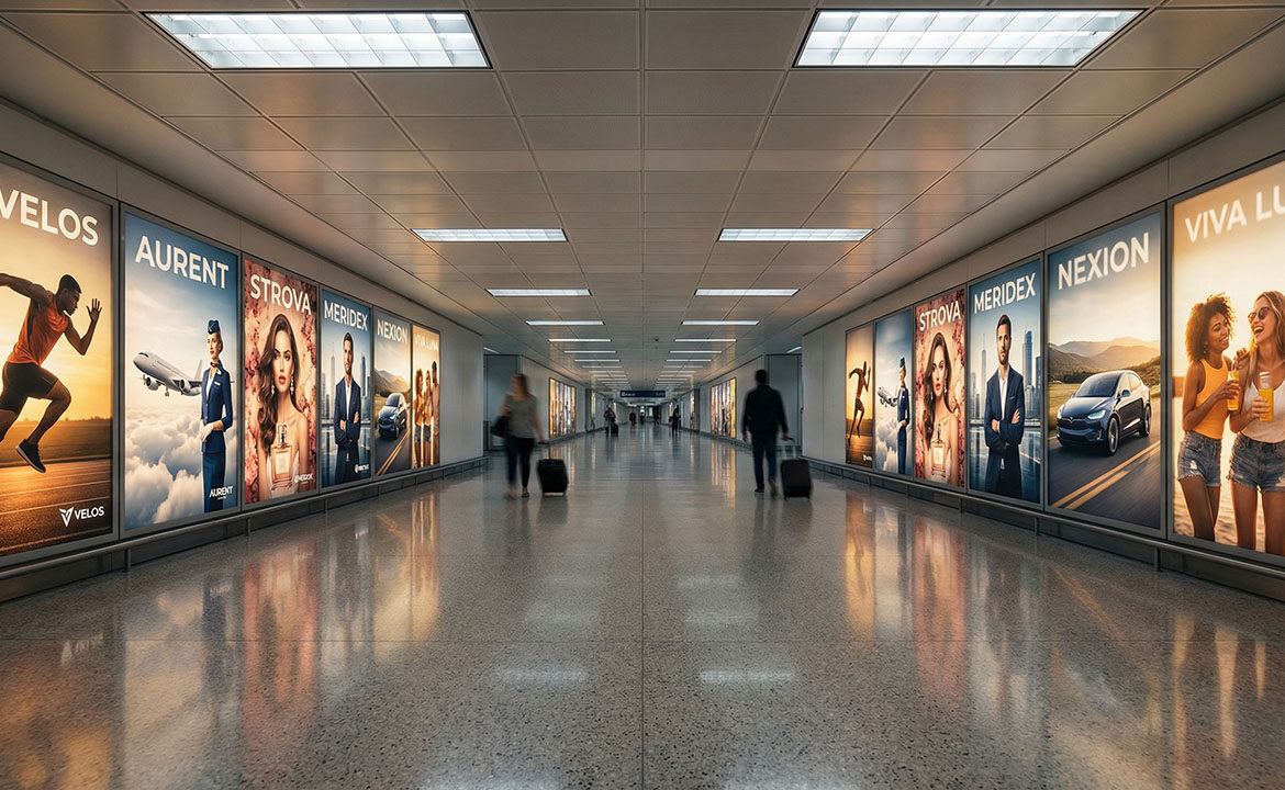 Airport advertising corridor showing identical-looking corporate ads that could belong to any brand