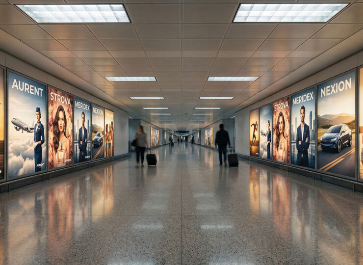 Airport advertising corridor showing identical-looking corporate ads that could belong to any brand