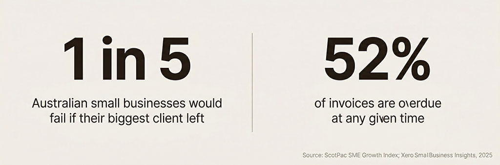 Two statistics side by side: 1 in 5 Australian small businesses would fail if their biggest client left, and 52% of invoices are overdue at any given time