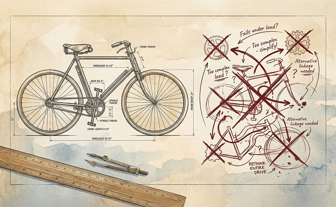 Split illustration showing a clean finished bicycle blueprint next to a messy tangle of opposing arrows and crossed-out attempts — representing the difference between solvable and unsolvable business problems.