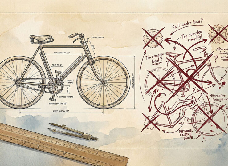 Split illustration showing a clean finished bicycle blueprint next to a messy tangle of opposing arrows and crossed-out attempts — representing the difference between solvable and unsolvable business problems.