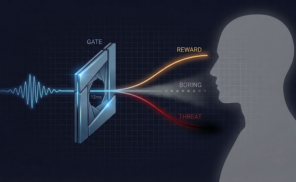 Diagram showing a brain stem filter intercepting an incoming marketing message before conscious attention forms, routing it to threat, boring, or reward