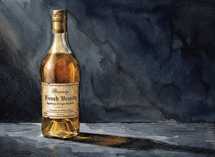 A single bottle of French brandy on a bare dark surface with no surrounding context — the specific ingredient that makes a benefit believable, sitting unused