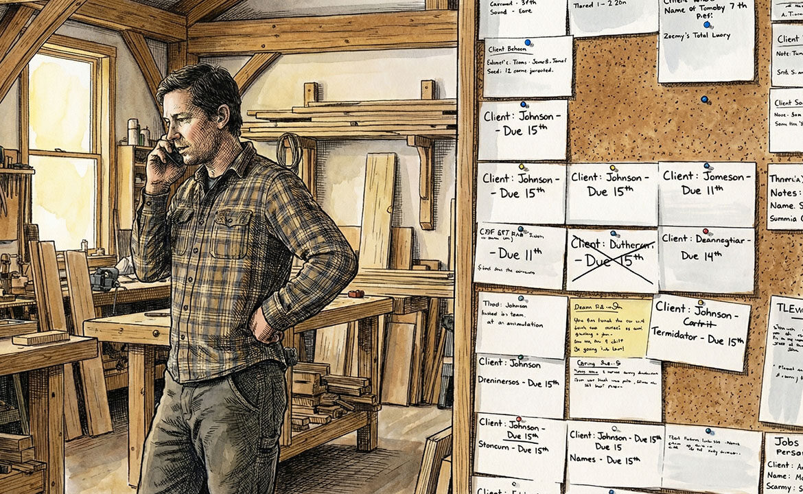 Small business owner on a phone call in their workspace, with a full booking board visible behind them — representing the negotiating confidence that comes from having a strong pipeline