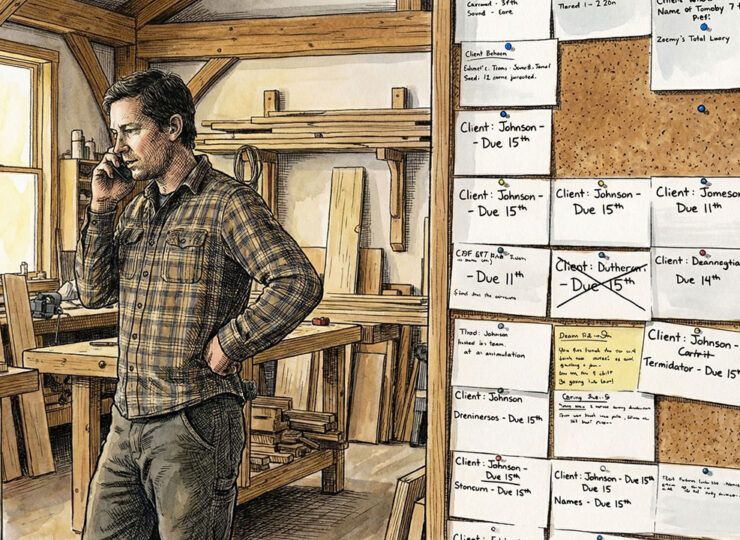 Small business owner on a phone call in their workspace, with a full booking board visible behind them — representing the negotiating confidence that comes from having a strong pipeline