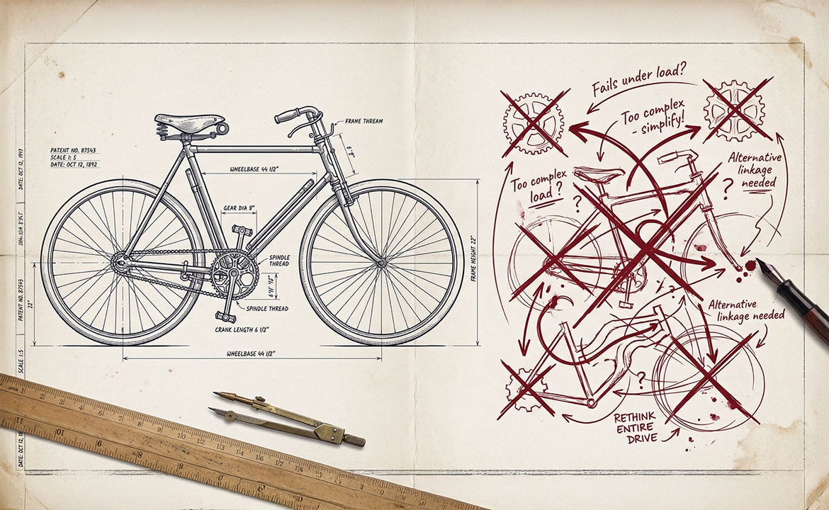 Split illustration showing a clean finished bicycle blueprint next to a messy tangle of opposing arrows and crossed-out attempts — representing the difference between solvable and unsolvable business problems.