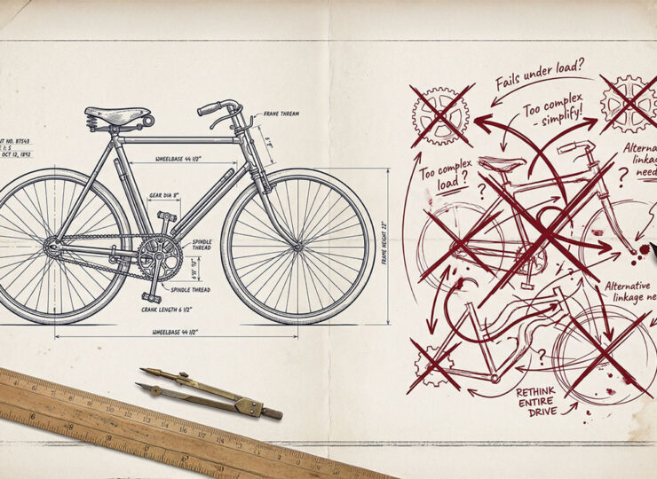 Split illustration showing a clean finished bicycle blueprint next to a messy tangle of opposing arrows and crossed-out attempts — representing the difference between solvable and unsolvable business problems.