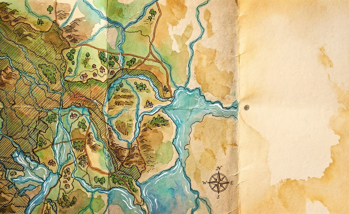 Close-up of an aged paper map: the left two-thirds filled with dense detailed markings showing settled territory, the right third bare paper, with a single small pencilled dot just past the edge of the mapped region — the first mark on unmapped ground.